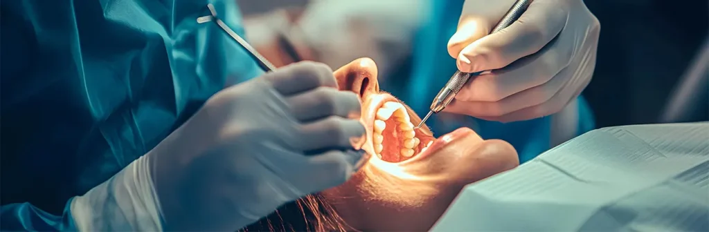 Oral surgery procedure in a dental clinic with professional dentist and assistant providing safe, precise care at Valley View Dental treatment room.