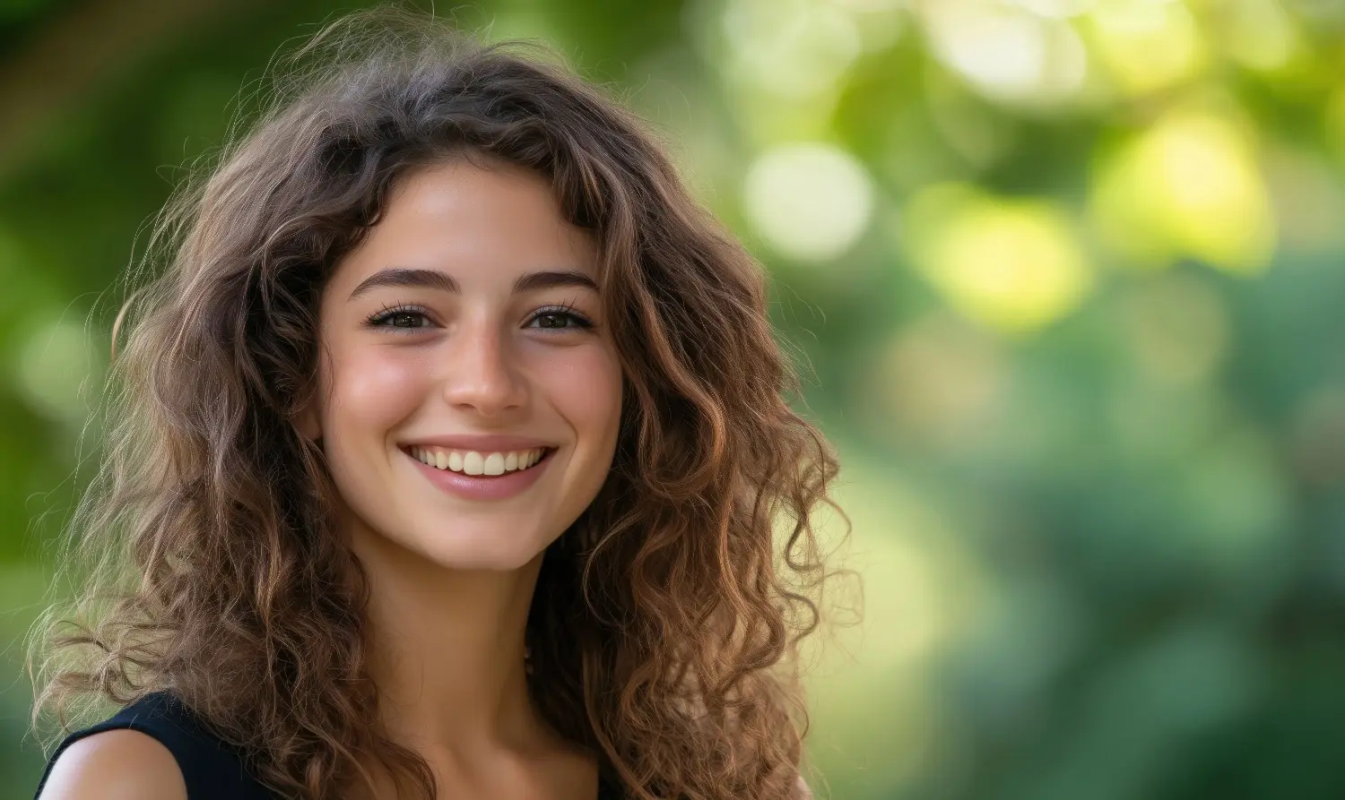 smiling young woman with curly hair natural background bright smile outdoor portraitcopy - Valley View Dental
