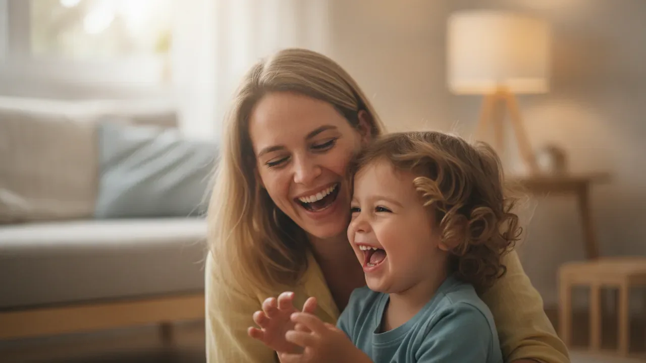 Mother and child laughing together at home