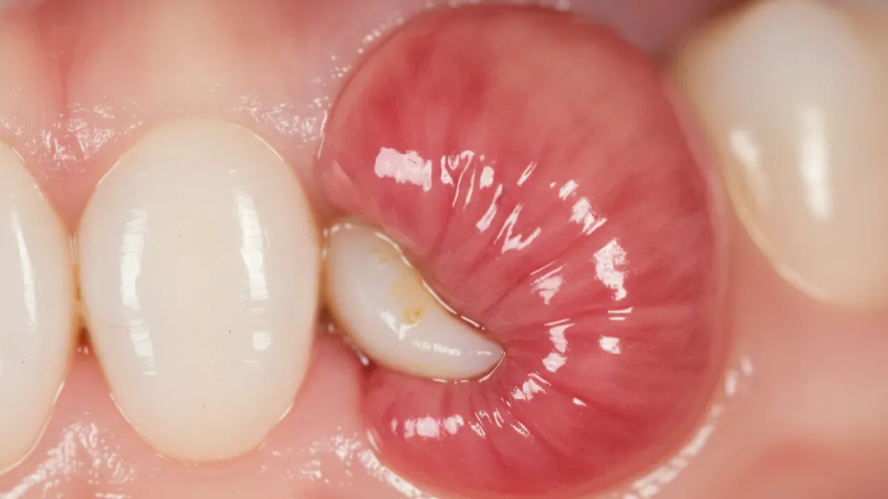 Swollen gum over a partly erupted wisdom tooth