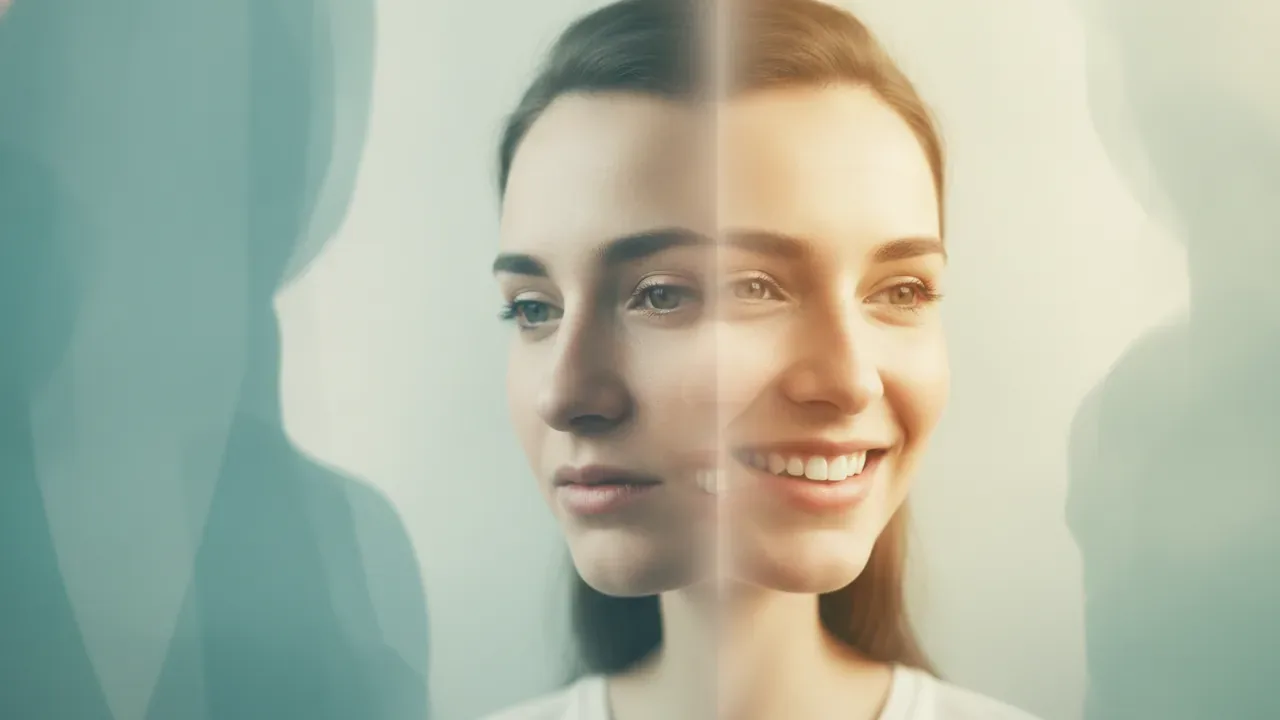 Split portrait of a woman before and after smiling