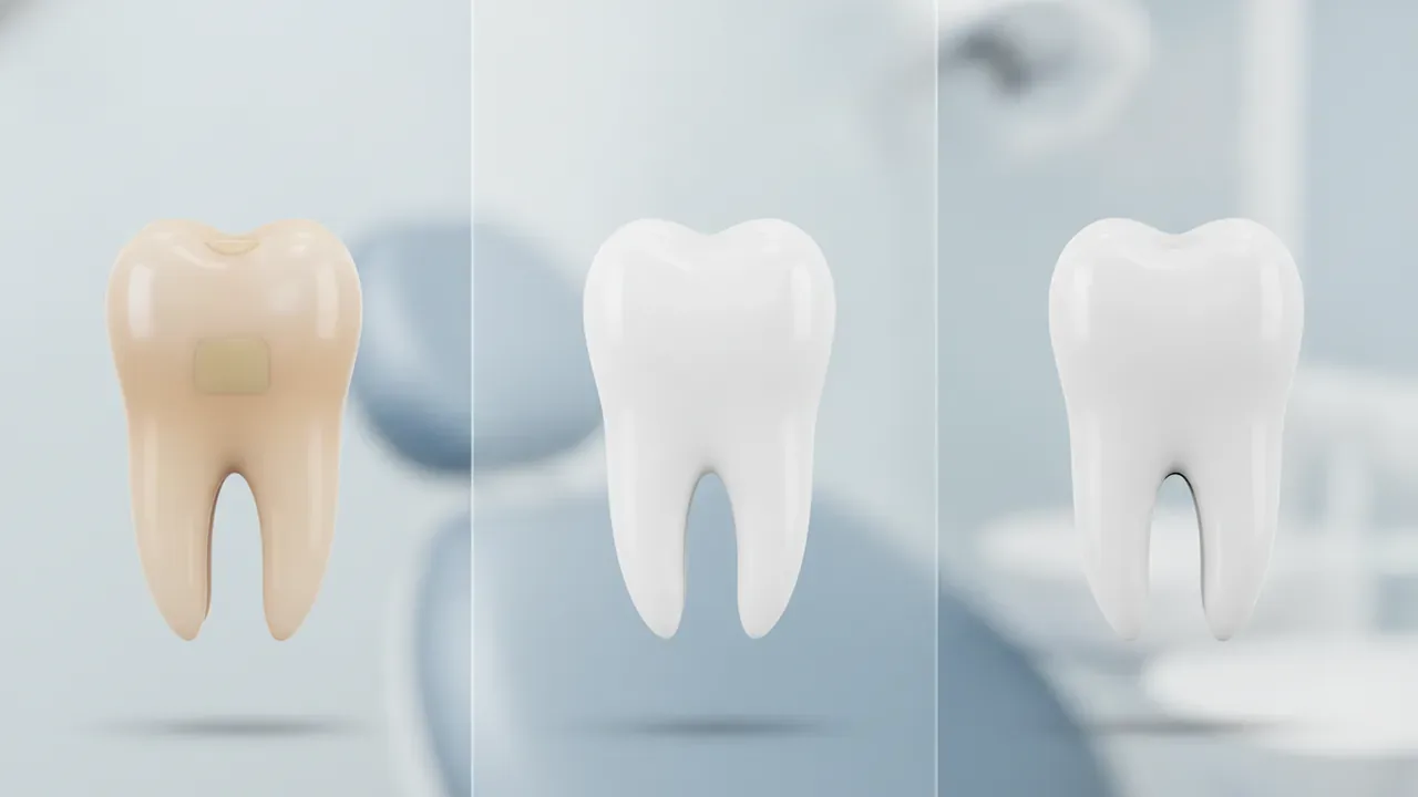 Three 3D teeth compared from stained to white