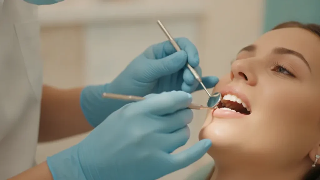 Pain in Your Back Teeth - What It Usually Means 8 - Valley View Dental Dentist examining a woman's teeth with tools