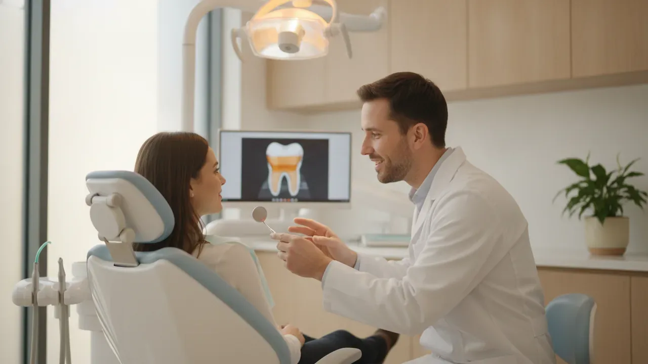 Dentist talking with a patient in a clinic