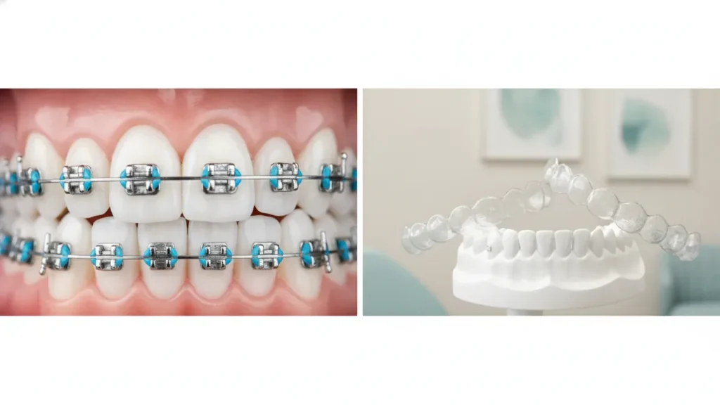 Braces or Invisalign - A Straight Answer for Adults and Teens 10 - Valley View Dental Metal braces beside a clear aligner tray