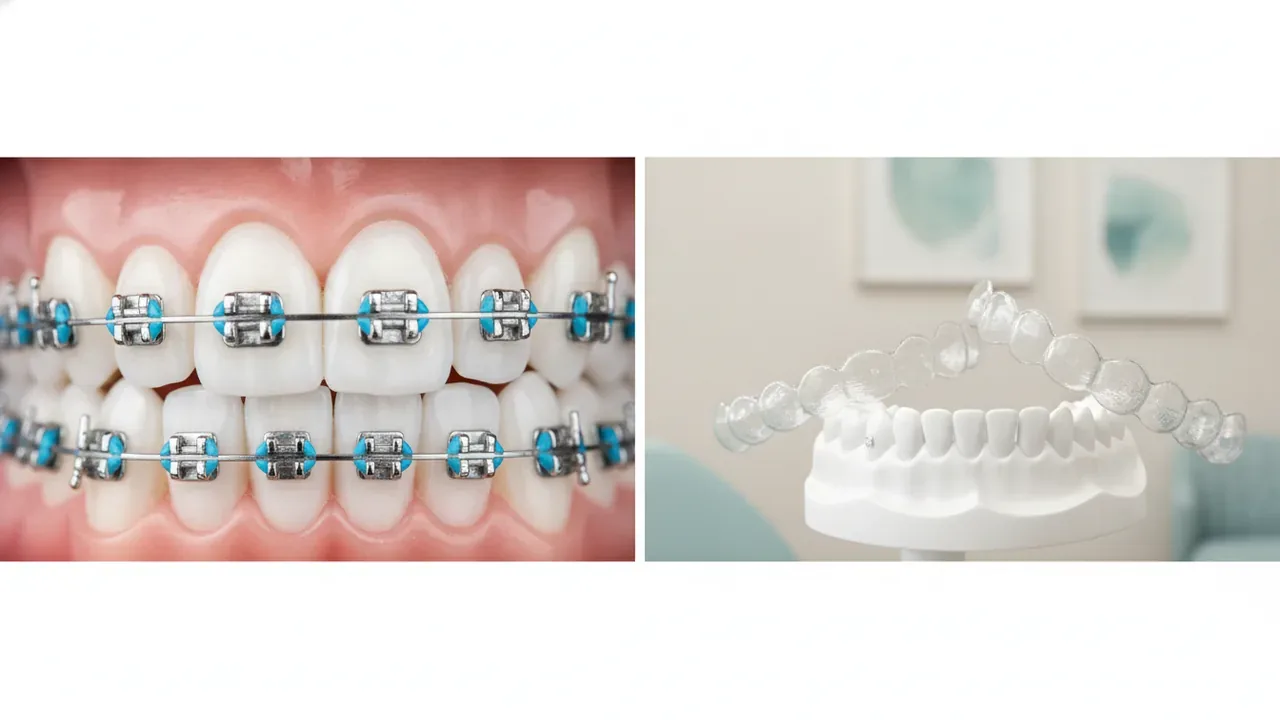 Metal braces beside a clear aligner tray