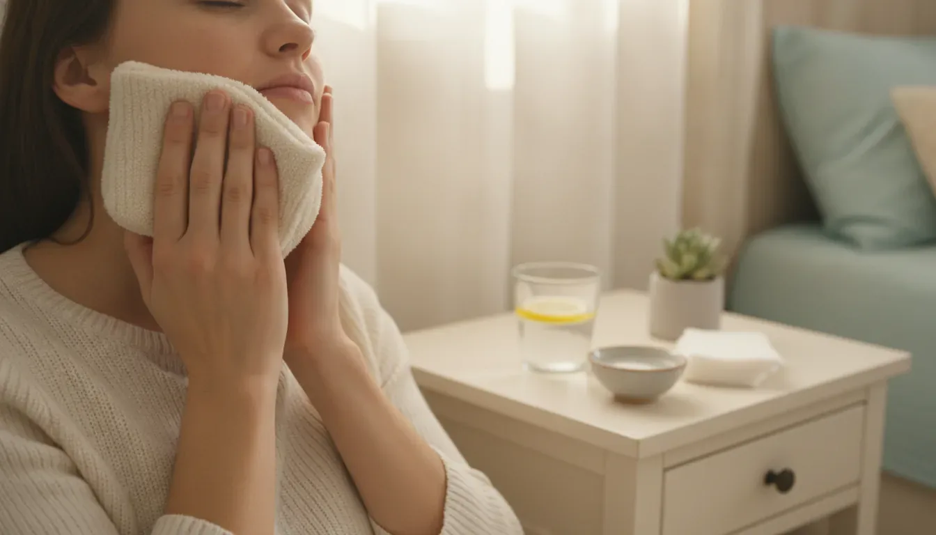 Woman holding a cold compress against her jaw after wisdom tooth removal