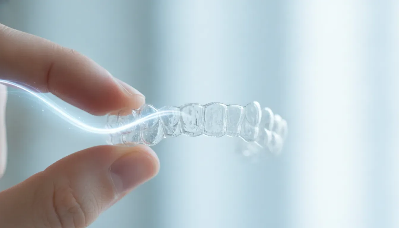 Clear aligner held between fingers for teeth straightening