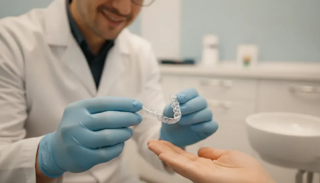 What Invisalign Aligners Are, and Who They Suit 5 - Valley View Dental Dentist showing a patient a clear aligner