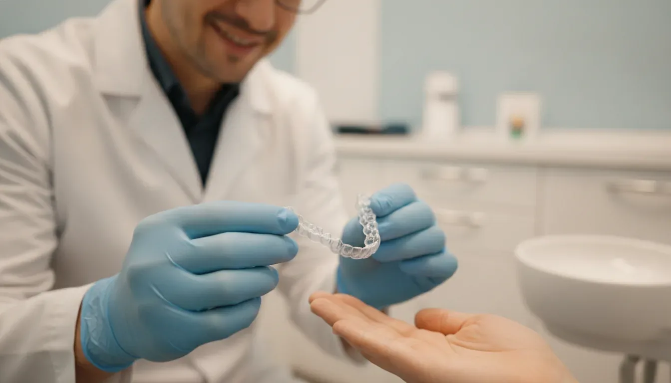 Dentist showing a patient a clear aligner