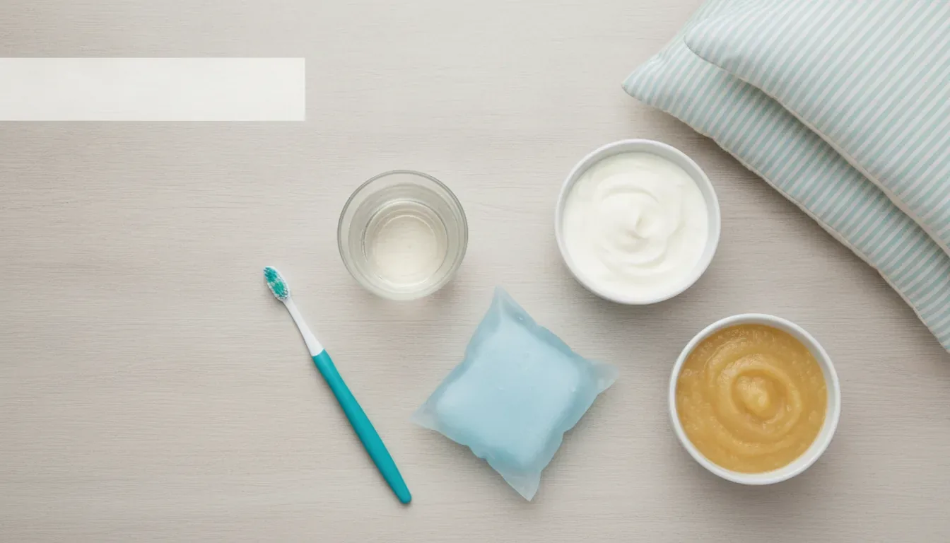 Tooth extraction aftercare essentials with soft foods and a toothbrush