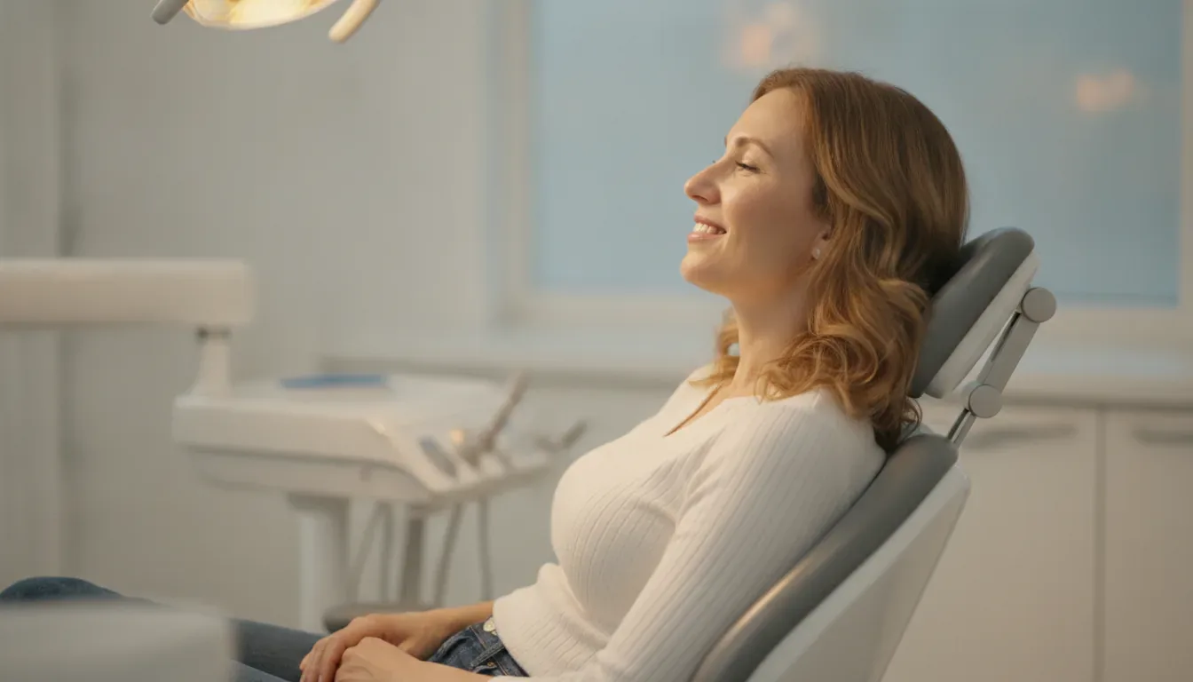 Woman sitting comfortably in a dental chair for root canal extraction