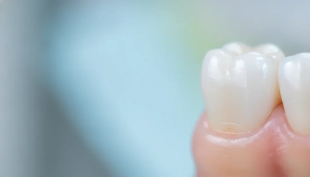 Close-up of a tooth with a dental crown