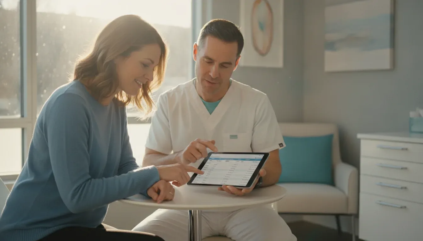 Dentist discussing dental implant costs with patient