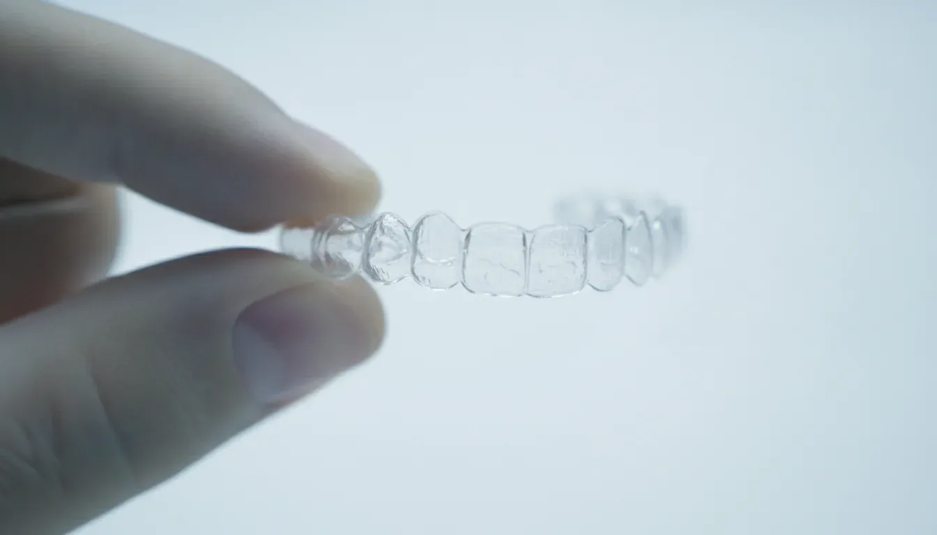 Clear Invisalign aligner held between fingers