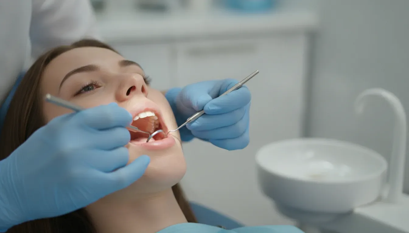 Dentist examining patient's mouth for cancer