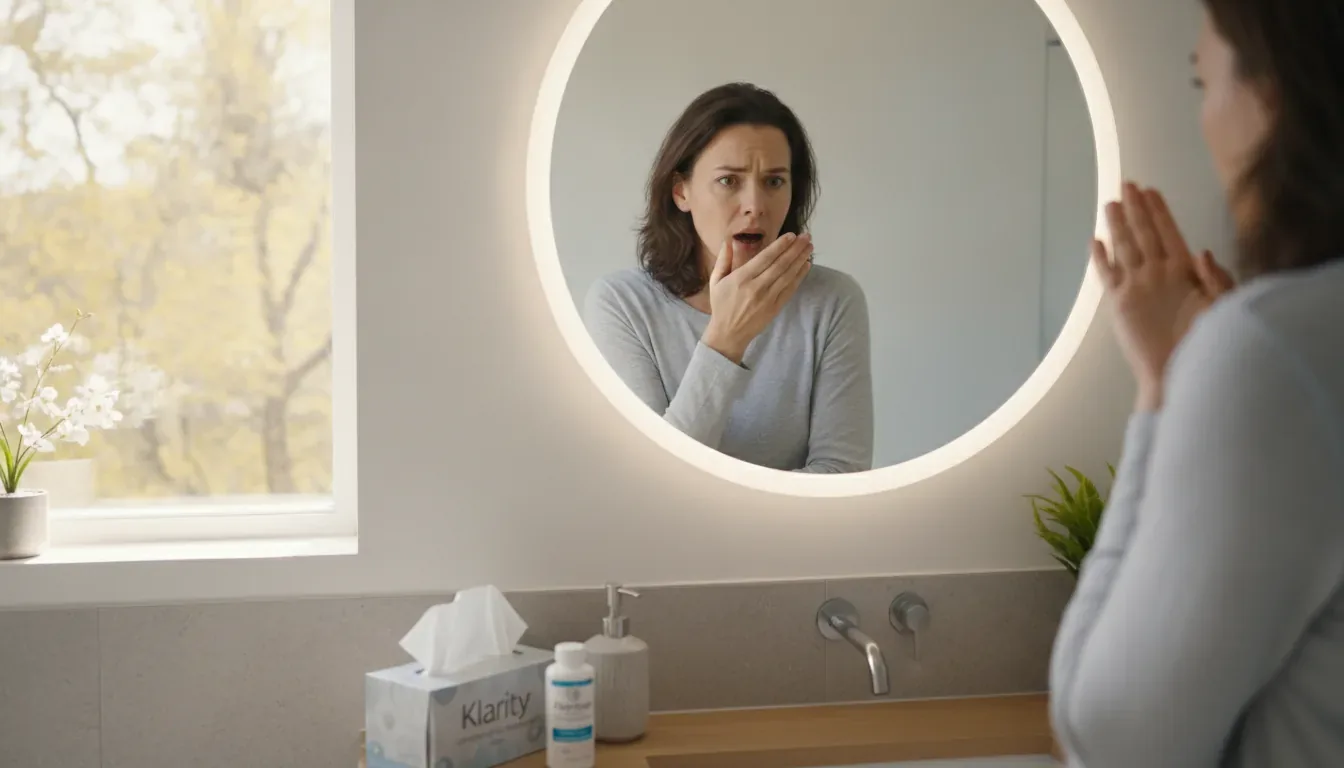 Woman checking bad breath in mirror